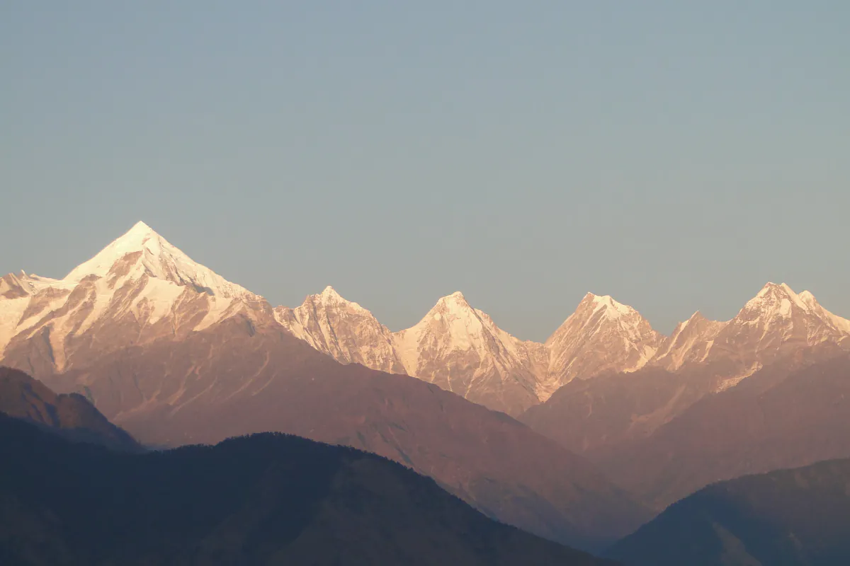The five Panchachuli peaks in the last light, seen from Munsiyari in Kumaon, Uttarakhand